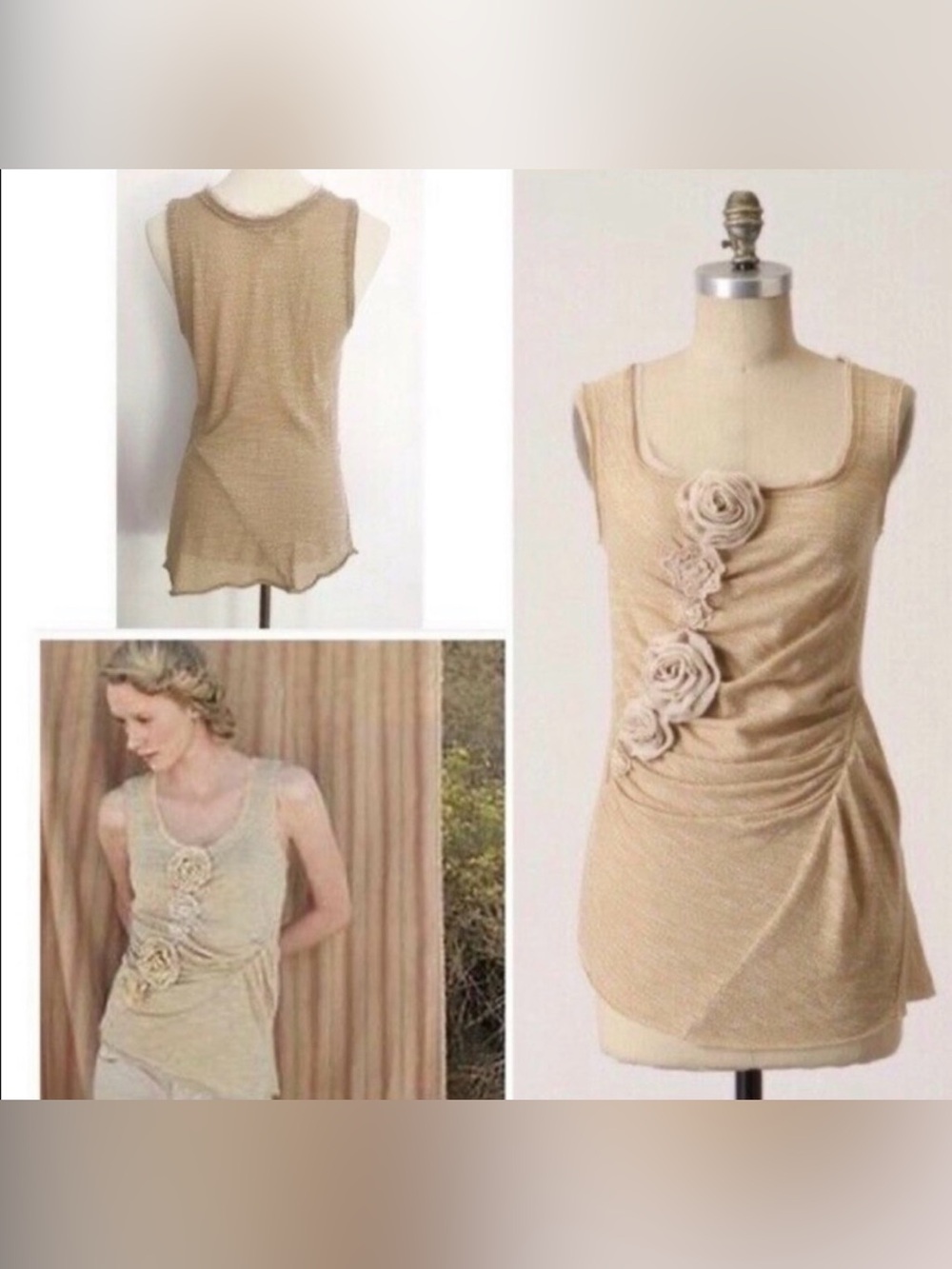 Anthropologie golden sparkly flower rutched top loose fit medium